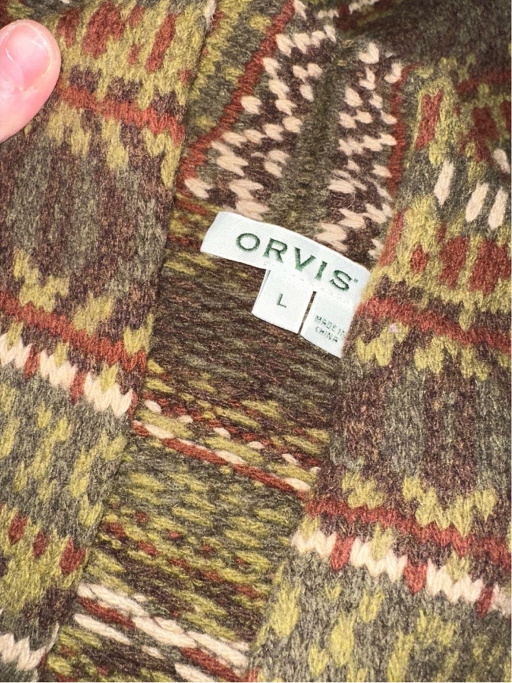 Orvis olive mix Fair Isle merino long cardigan sweater size Large - Picture 6 of 7